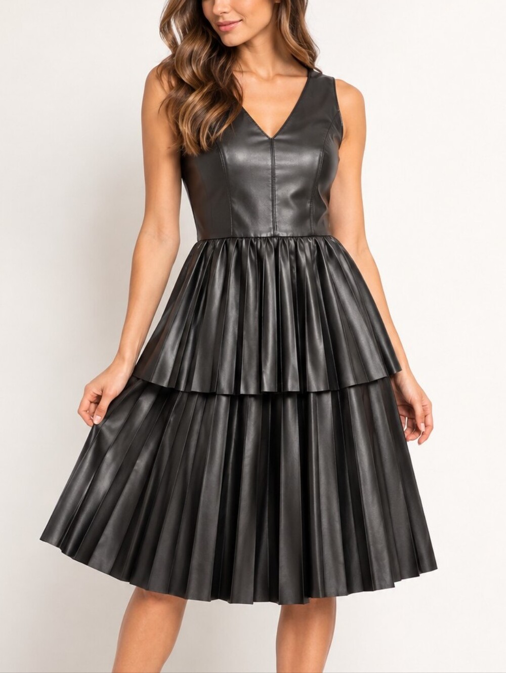Ellen Tracy NWT $149 Black Faux Leather Pleated Dress Size Small